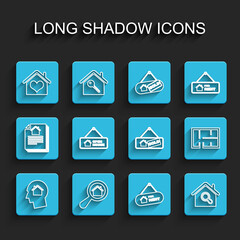 Set line Man dreaming about buying house, Search, House with heart shape, Hanging sign For Rent, Open, plan and Sold icon. Vector