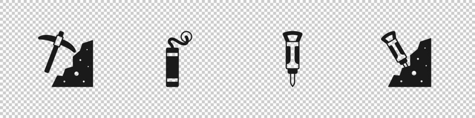 Set Pickaxe, Dynamite, Construction jackhammer and icon. Vector