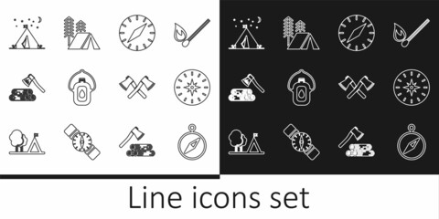 Set line Compass, Canteen water bottle, Wooden axe and wood, Tourist tent with flag, Crossed wooden and icon. Vector