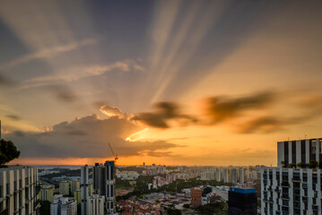 2017 Singapore skyline during sunset look from Pinacle Duxton roof terrace