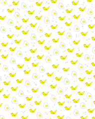 A pattern with small ducks. Scrambled eggs and yellow ducks. Wrapping paper design festive, cute