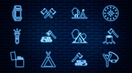 Set line Slingshot, Wooden axe stump, Tourist tent with flag, and wood, Flashlight, Thermos container, and Crossed wooden icon. Vector
