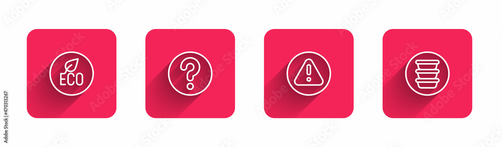 Poster set line leaf eco symbol, unknown search, exclamation mark in triangle and bowl with long shadow. re
