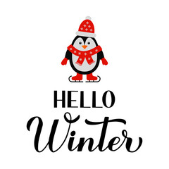 Fototapeta na wymiar Hello winter calligraphy hand lettering with cute penguin. Inspirational seasonal quote. Vector template for typography poster, banner, flyer, sticker, etc