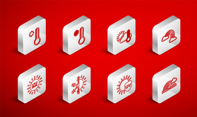 Set line Rainbow with cloud, Meteorology thermometer, Thermometer and sun, clouds, UV protection, Sun snowflake and icon. Vector