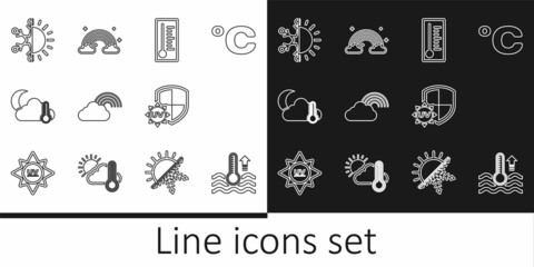 Set line Water thermometer, Rainbow with sun, Meteorology, cloud, Thermometer and cloud, moon, Sun snowflake, UV protection and clouds icon. Vector