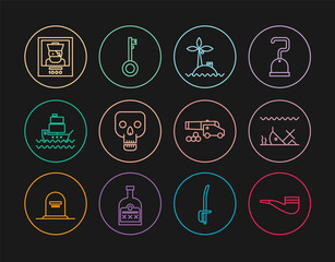 Set line Smoking pipe, Sunken ship, Tropical island ocean, Skull, Ship, Wanted poster pirate, Cannon with cannonballs and Pirate key icon. Vector
