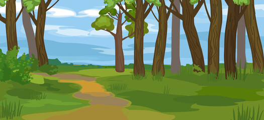 Abstract summer cartoon panoramic landscape with blue sky and thick trunks of old trees in grove