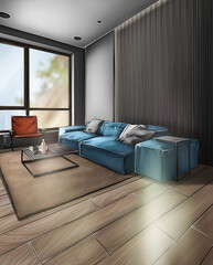 Sketch design of a living room with a large window