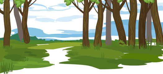 Abstract summer cartoon panoramic landscape with blue sky and thick trunks of old trees in grove
