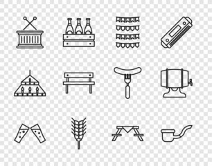 Set line Glass of beer, Smoking pipe, Carnival garland with flags, Wheat, Musical drum sticks, Bench, Picnic table benches and Wooden barrel on rack icon. Vector