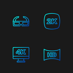 Set line Hd movie, tape, frame, Screen tv with 4k, 3D cinema glasses and 2k Ultra HD. Gradient color icons. Vector