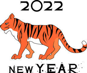 Fototapeta na wymiar New Year 2022. Greeting card with striped cartoon tiger