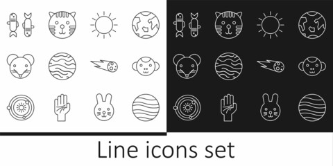 Set line Planet Jupiter, Monkey zodiac, Sun, Venus, Rat, Pisces, Comet falling down fast and Tiger icon. Vector