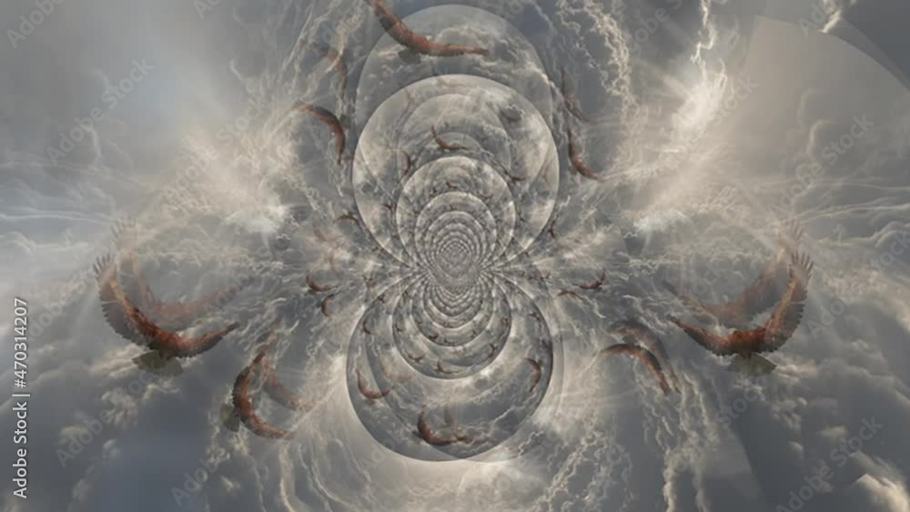 Poster surrealism. eagle flies in the tunnel of clouds to the light. 3d rendering