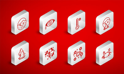 Set line Crab, Reddish eye allergic conjunctivitis, Medical digital thermometer, Handkerchief to his runny nose, Bacteria, Face with psoriasis or eczema, and Runny icon. Vector