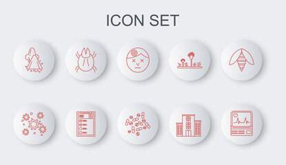 Set line Monitor with cardiogram, Bacteria, Man having headache, Medical hospital building, Runny nose, Parasite mite, Clinical record and Medicine pill tablet icon. Vector