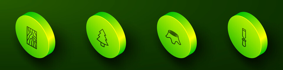 Set Isometric line Wooden beam, Christmas tree, Tree stump and Chisel tool icon. Vector