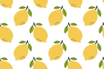Lemon fruit seamless pattern. Hand drawn vector illustration. Exotic food. Yellow citrus with leaves