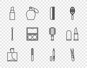 Set line Perfume, Eyebrow tweezers, Hairbrush, Nail file, Lipstick, Makeup powder with mirror, Eyeliner, eyebrow and icon. Vector
