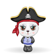 Panda pirate, cartoon character of the game, wild bear in a bandana and a cocked hat with a skull, with an eye patch. Character with bright eyes