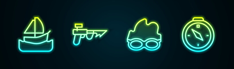 Set line Yacht sailboat, Fishing harpoon, Glasses for swimming and Compass. Glowing neon icon. Vector