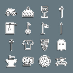 Set line Catapult shooting stones, Executioner mask, Medieval spear, goblet, Old key, Well with bucket, Wooden four-wheel cart and flag icon. Vector