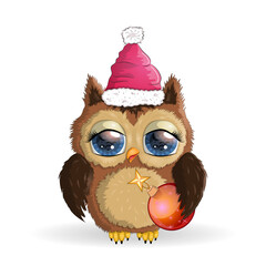 Cute Cartoon Owl in Santa hat on a white background