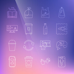 Set line Stop ocean plastic pollution, Environment protection whale dead, Dead bird,, Trash can, Open book and Lotion cosmetic tube icon. Vector