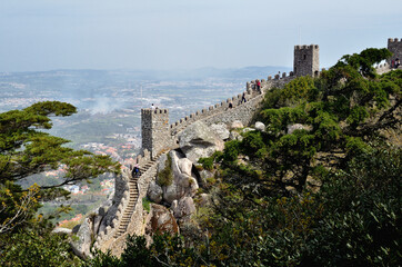 Fortress Wall of the Castle of the Moors and the Panoramic View of Sintra Suburbs near Lisbon