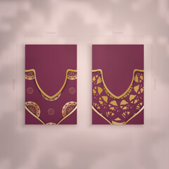 Business card template burgundy with gold mandala ornament for your personality.