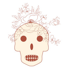 Vintage Card with Skull and Flowers on Beige Background. Day of the Death. Colorful