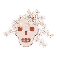 Vintage Card with Skull and Flowers on Beige Background. Day of the Death. Colorful