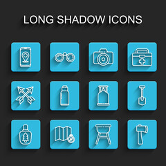 Set line Canteen water bottle, Location of the forest on map, City navigation, Barbecue grill, Wooden axe, Shovel and Camping gas stove icon. Vector