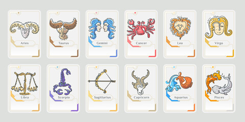 Set of zodiac astrology horoscope card. Vector illustration of constellations signs for divination
