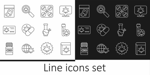 Set line Book and marijuana or cannabis, Chemical test tube with, Medical pills, Herbal ecstasy tablets, Calendar leaf, Plastic bag of, Glass bong for smoking and Magnifying glass icon. Vector