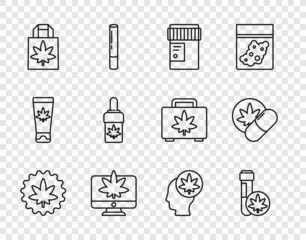 Set line Marijuana or cannabis leaf, Chemical test tube with marijuana, Medical bottle, Monitor and, Shopping paper bag of, olive oil, Head and Herbal ecstasy tablets icon. Vector