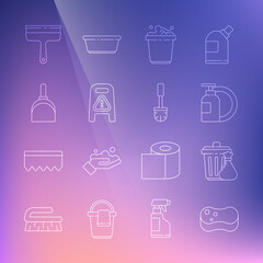 Set line Sponge, Trash can and garbage bag, Dishwashing liquid bottle plate, Bucket with soap suds, Wet floor cleaning progress, Dustpan, Rubber cleaner for windows and Toilet brush icon. Vector