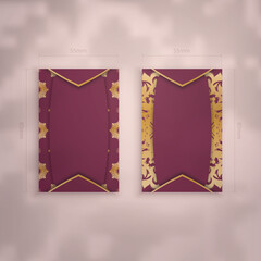 Business card template burgundy with Indian gold pattern for your contacts.