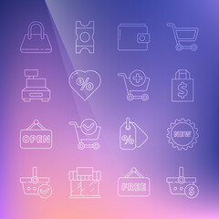 Set line Shopping basket and dollar, Price tag with text New, Shoping bag, Wallet, Discount percent heart, Cash register machine, Handbag and Add to cart icon. Vector