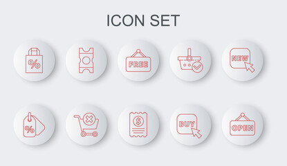 Set line Hanging sign with Open, Discount percent tag, Price text Free, Buy button, Shoping bag discount, Coupon, Remove shopping cart and Paper check and financial check icon. Vector