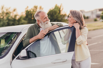 Photo of lovely mature couple romantic feelings love auto drive road together soulmate weekend...