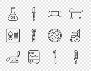 Set line Medical dental chair, digital thermometer, protective mask, Monitor with cardiogram, Test tube and flask, Electric toothbrush, Toothbrush and Wheelchair for disabled person icon. Vector
