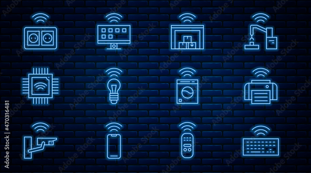 Poster set line wireless keyboard, smart printer, warehouse, light bulb, processor with microcircuits cpu, 