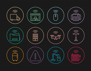 Set line Smart heating radiator, street light, Wireless mouse, home with wireless, printer, truck, drone and warehouse icon. Vector