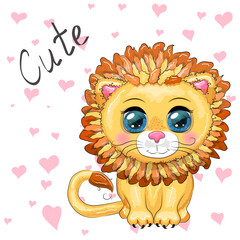 Cartoon lion with expressive eyes. Wild animals, character, childish cute style