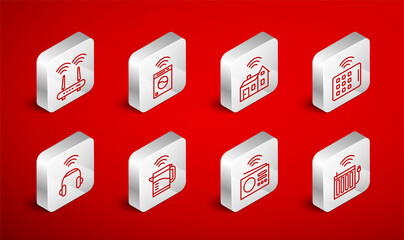 Set line Smart heating radiator, washer, home with wireless, Wireless tablet, radio, Router and wi-fi signal, electric kettle and headphones icon. Vector