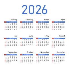 English calendar for 2026. Week starts on Sunday. Vector illustration.