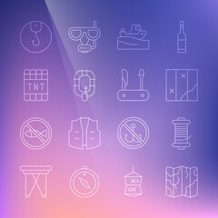 Set line Folded map, Spinning reel for fishing, Fishing boat on water, Inflatable, Detonate dynamite bomb stick, hook and Swiss army knife icon. Vector
