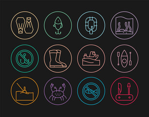 Set line Swiss army knife, Kayak or canoe, Inflatable boat, Fishing boots, No fishing, Rubber flippers for swimming, on water and lure icon. Vector